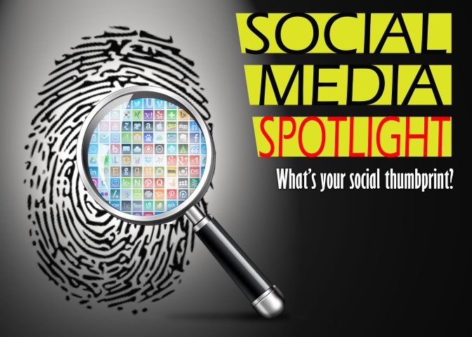 Social Media Spotlight - Magnifying glass over thumbprint with social media icons